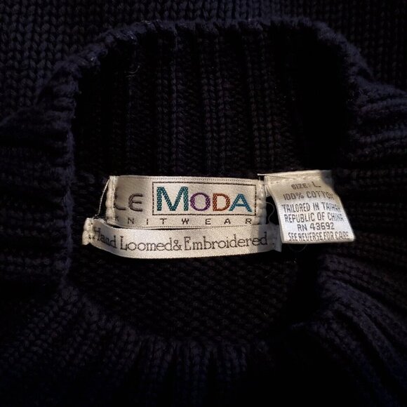 Le Moda 90s Embroidered Cotton Sweater L Navy Blue Green Leaves Acorns Autumn - Picture 3 of 5